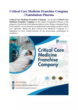 Critical Care Medicine Franchise Company | Fantabulous Pharma