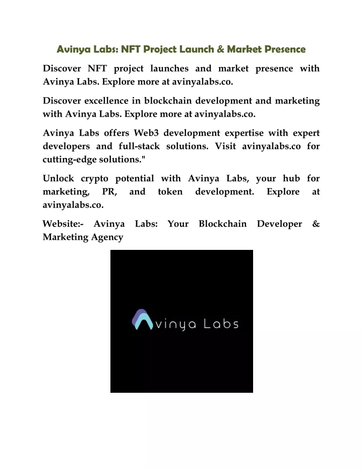 avinya labs nft project launch market presence