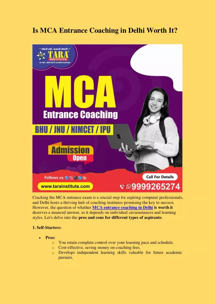 is mca entrance coaching in delhi worth it