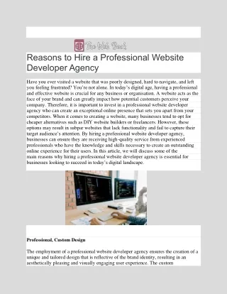 Reasons to Hire a Professional Website Developer Agency