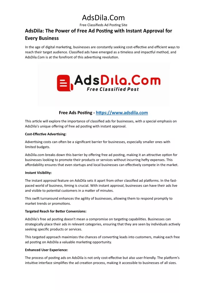 adsdila com free classifieds ad posting site
