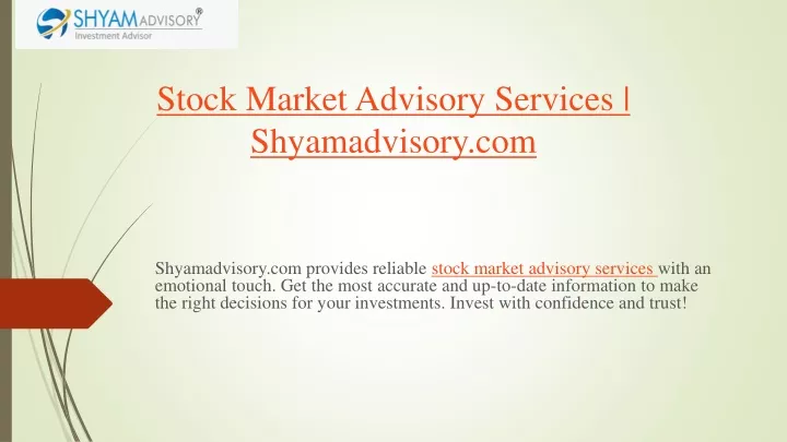 stock market advisory services shyamadvisory com