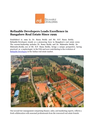 Reliaable Developers Leads Excellence in Bangalore Real Estate Since 1999