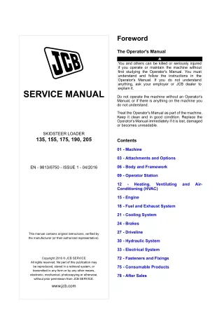 JCB 190 Skid Steer Loader Service Repair Manual (From 2473501 To 2473800)