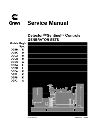 Cummins Onan DGBC Detector  Sentinel Control Generator Set Service Repair Manual