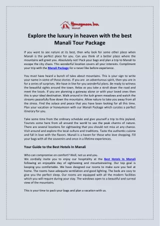 Explore the luxury in heaven with the best Manali Tour Package