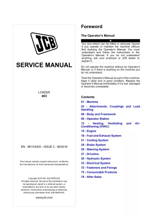 JCB 403 Wheel Loader Service Repair Manual (SN 2394946 and up)