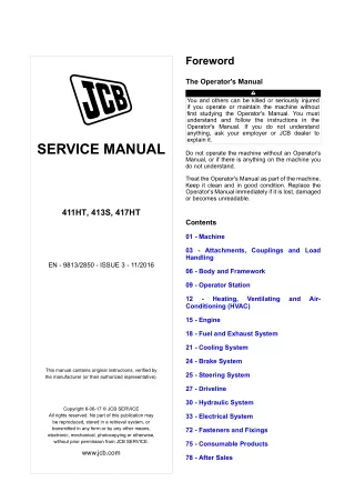 JCB 411HT, 413S, 417HT Wheel Loader Service Repair Manual From 2094871 To 2095871