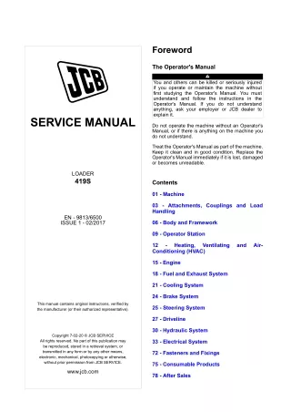 JCB 419S Wheel Loader Service Repair Manual (SN 2439651 and up)