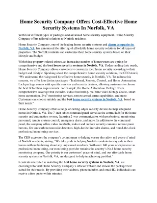 Home Security Company Offers Cost-Effective Home Security Systems In Norfolk, VA