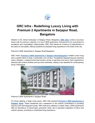 GRC Infra - Redefining Luxury Living with Premium 2 Apartments in Sarjapur Road, Bangalore