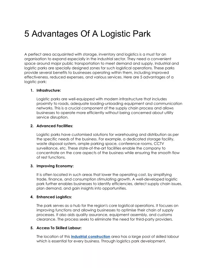 5 advantages of a logistic park