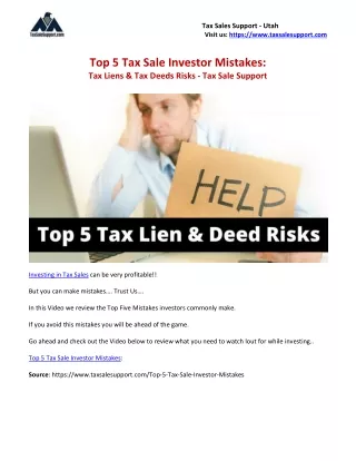 Top 5 Tax Sale Investor Mistakes Tax Liens and Tax Deeds Risks - Tax Sale Support