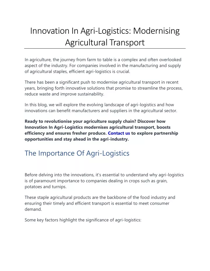 innovation in agri logistics modernising