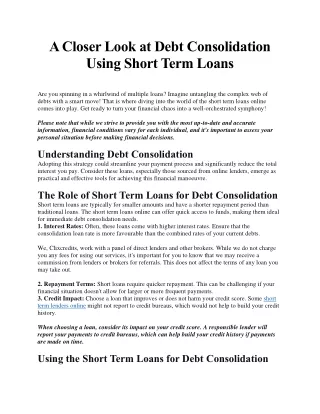 A Closer Look at Debt Consolidation Using Short-Term Loans 1