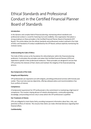 Ethical Standards and Professional Conduct in the Certified Financial Planner Bo