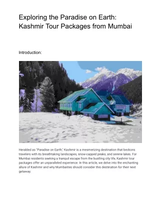 Exploring the Paradise on Earth: Kashmir Tour Packages from Mumba