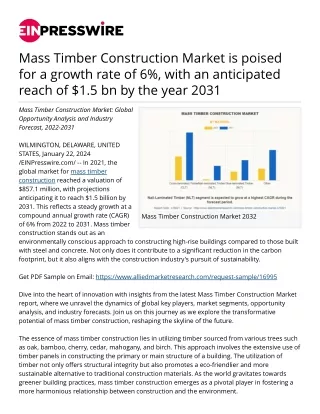 Mass Timber Construction Market is Poised for a Growth Rate of 6 With an Anticip