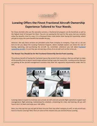 Luxwing Offers the Finest Fractional Aircraft Ownership Experience Tailored
