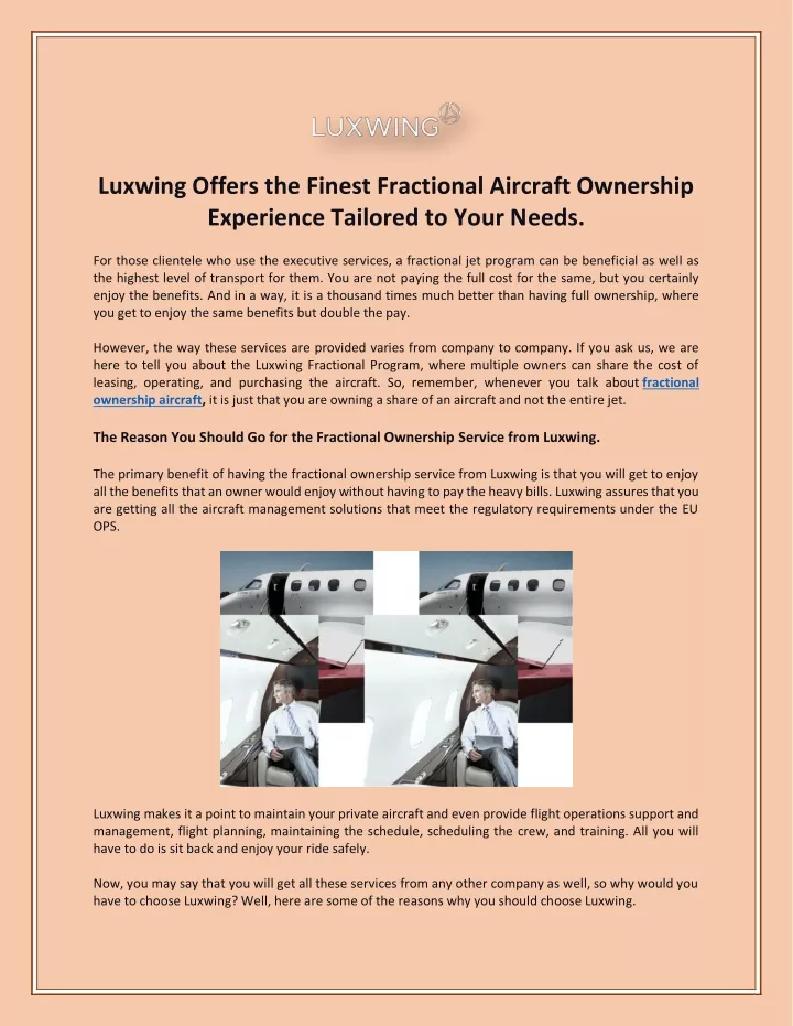 luxwing offers the finest fractional aircraft