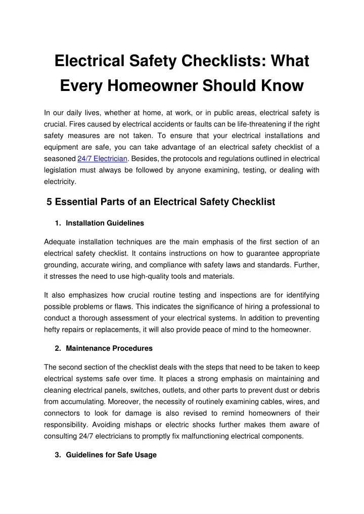 PPT - Electrical Safety Checklists What Every Homeowner Should Know ...