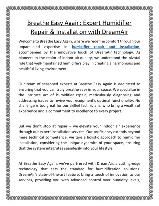 Breathe Easy Again Expert Humidifier Repair & Installation with DreamAir