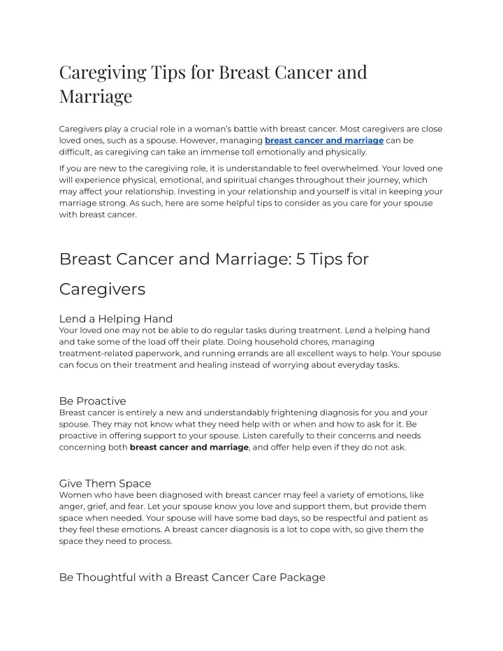 caregiving tips for breast cancer and marriage