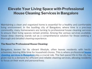 Elevate Your Living Space with Professional House Cleaning Services in Bangalore