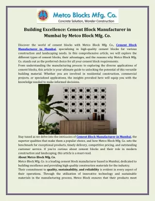 Building Excellence  Cement Block Manufacturer in Mumbai by Metco Block Mfg. Co.