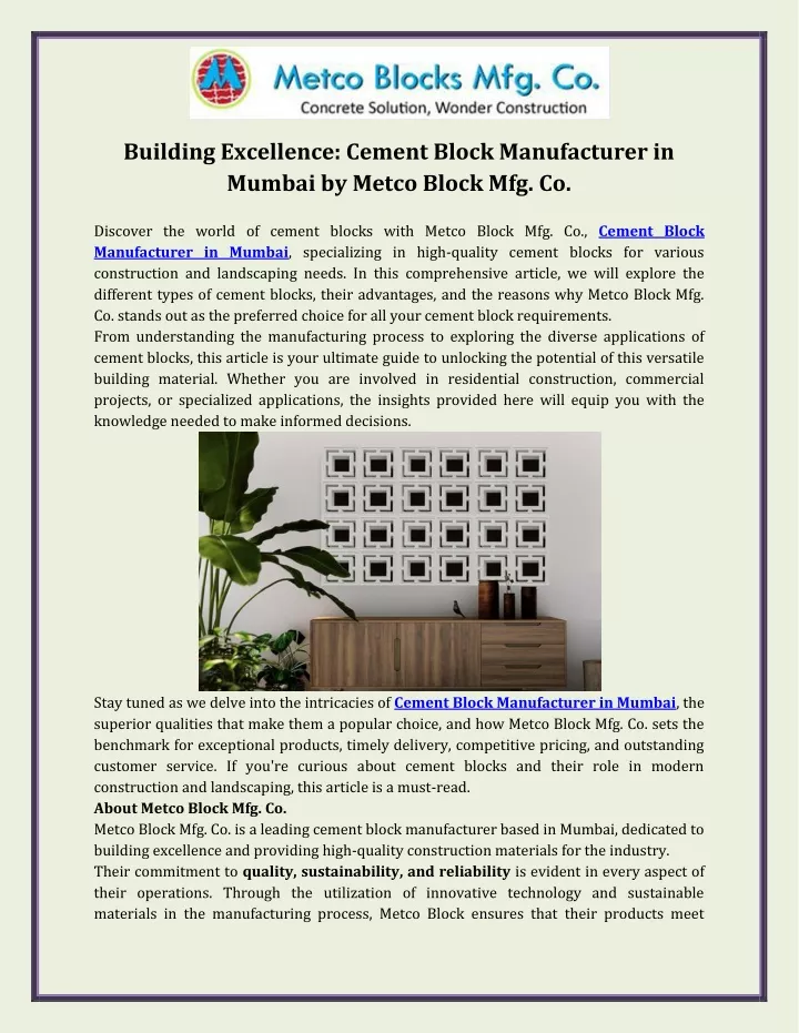 building excellence cement block manufacturer