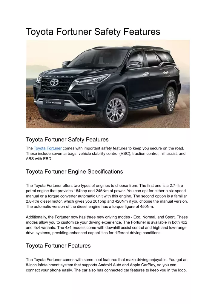 toyota fortuner safety features