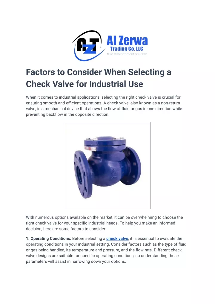 factors to consider when selecting a check valve
