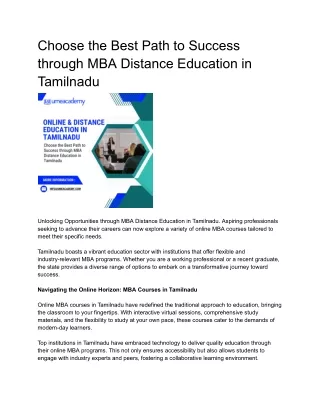 Choose the Best path to success through MBA distance education in Tamilnadu