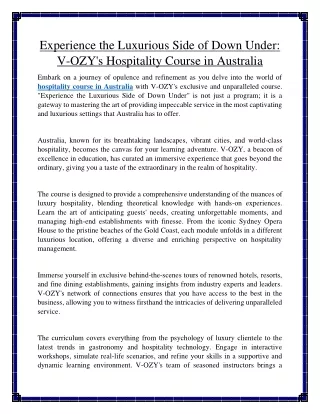 Experience the Luxurious Side of Down Under V-OZY's Hospitality Course in Australia