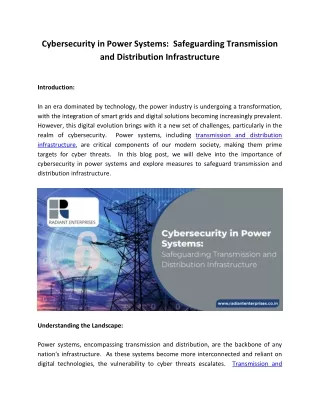 Cybersecurity in Power Systems  Safeguarding Transmission and Distribution Infrastructure