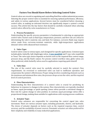 Factors You Should Know Before Selecting Control Valve