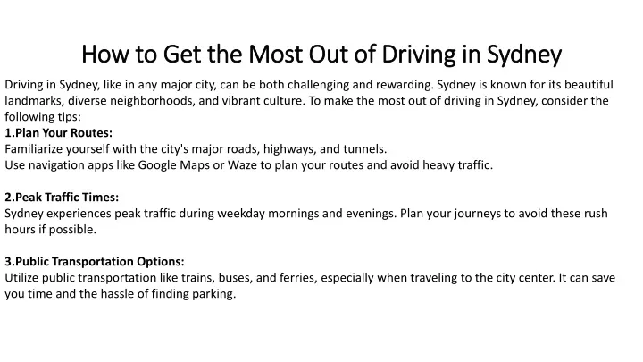 how to get the most out of driving in sydney