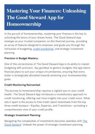 Mastering Your Finances: Unleashing The Good Steward App for Homeownership