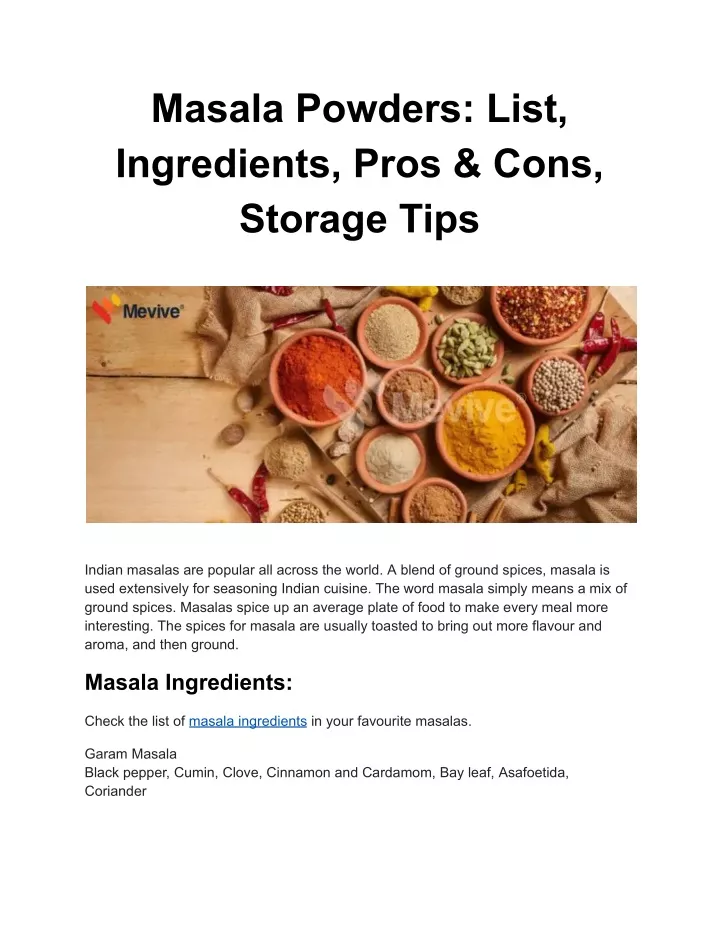 masala powders list ingredients pros cons storage