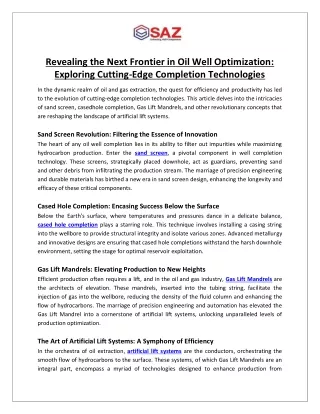 Revealing the Next Frontier in Oil Well Optimization Exploring Cutting-Edge Completion Technologies