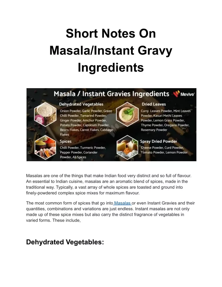 short notes on masala instant gravy ingredients