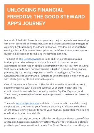 Unlocking Financial Freedom: The Good Steward App's Journey