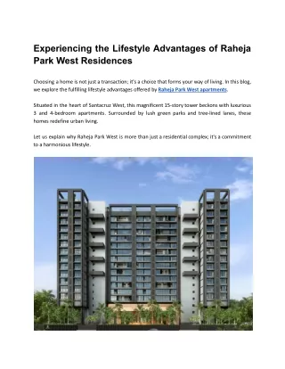 Experiencing the Lifestyle Advantages of Raheja Park West Residences