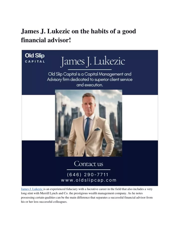 james j lukezic on the habits of a good financial advisor