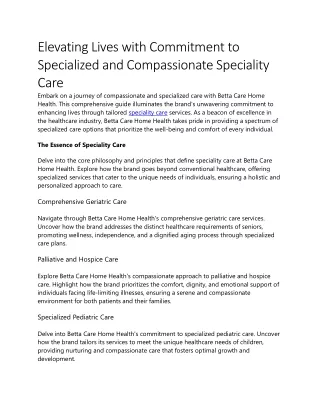 Elevating Lives with Commitment to Specialized and Compassionate Speciality Care