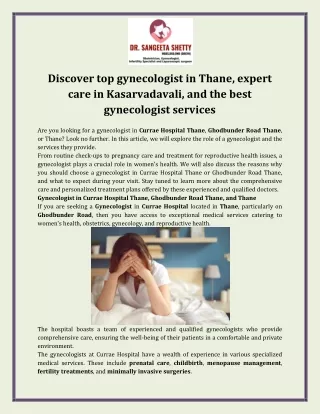 Discover top gynecologist in Thane, expert care in Kasarvadavali, and the best gynecologist services