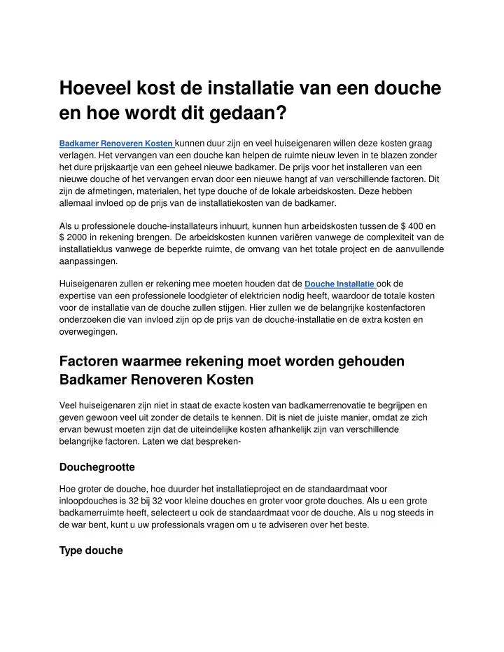 hoeveel kost de installatie van een douche en hoe wordt dit gedaan