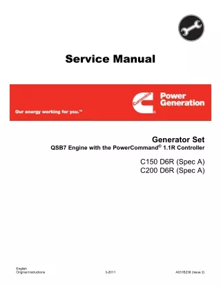 Cummins Onan D6R Generator Set QSB7 Engine with the PowerCommand 1.1R Controller Service Repair Manual