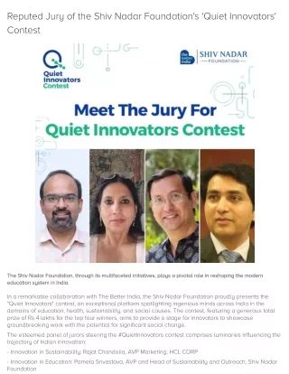 Reputed Jury of the Shiv Nadar Foundation's 'Quiet Innovators' Contest Article - ArticleTed - News and Articles