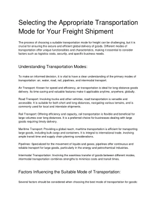 Selecting the Appropriate Transportation Mode for Your Freight Shipment